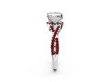 Silver Princess Cut Diamond with Ruby side stone Halo Twist Band Solitaire Prong Setting Ring_2