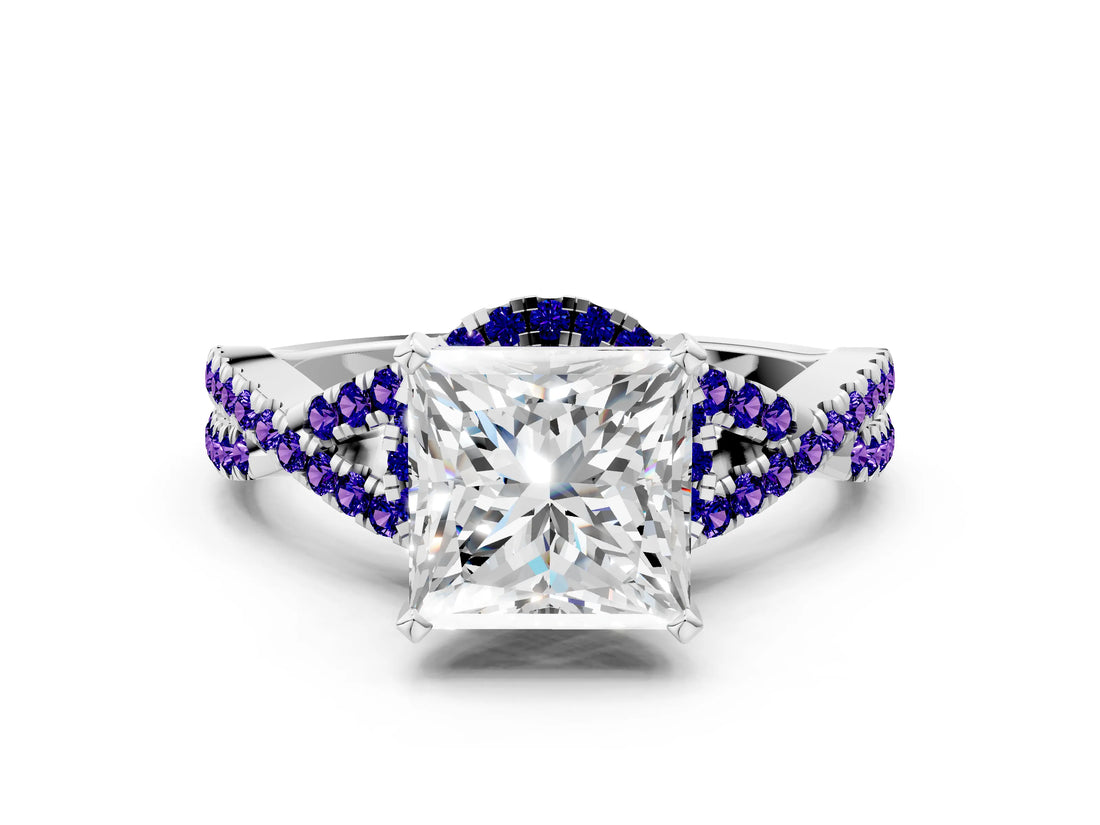 Silver Princess Cut Diamond with Tanzanite side stone Halo Twist Band Solitaire Prong Setting Ring