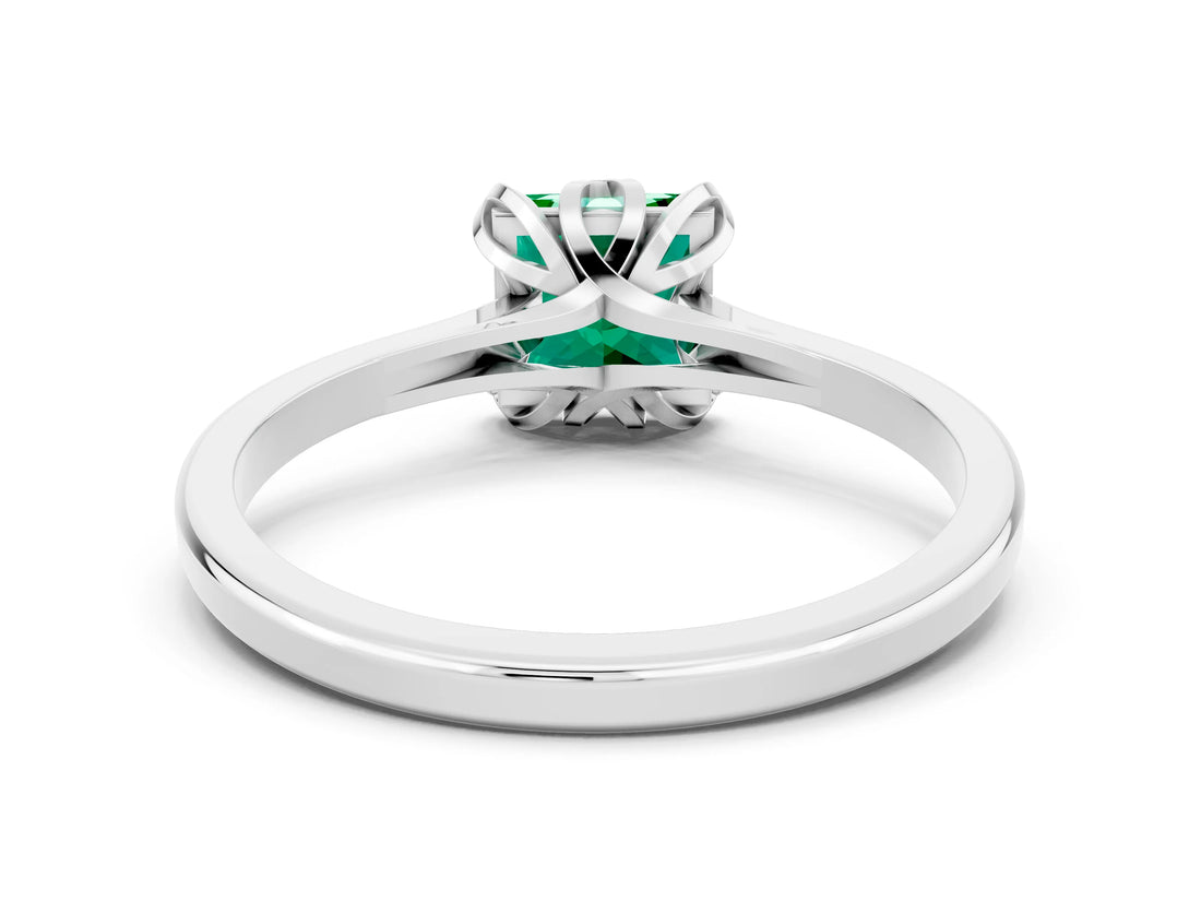 Silver Princess Cut Emerald Solitaire Ring with Flower Prong Setting and Classic Band