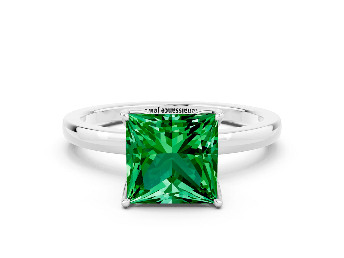 Silver Princess Cut Emerald Solitaire Ring with Thin Band and Prong Setting_42