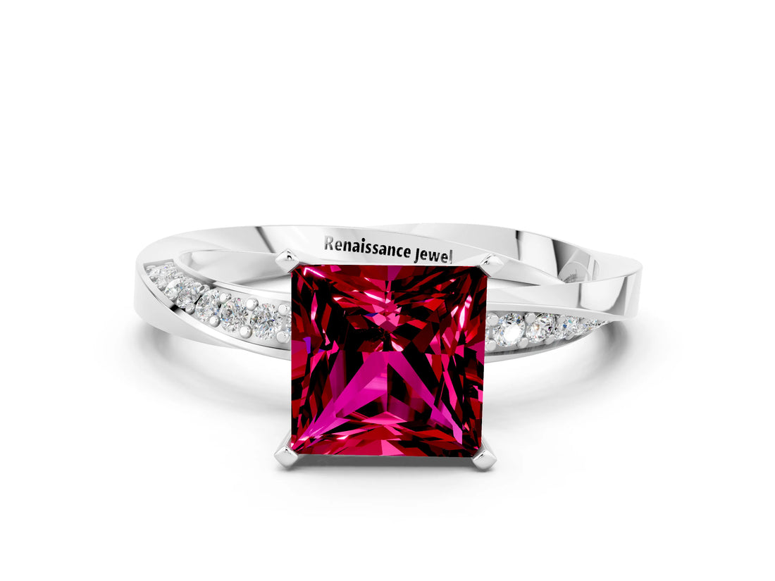Silver Princess Cut Garnet Engagement Ring with Side Stone Accents and Four-Prong Setting_36