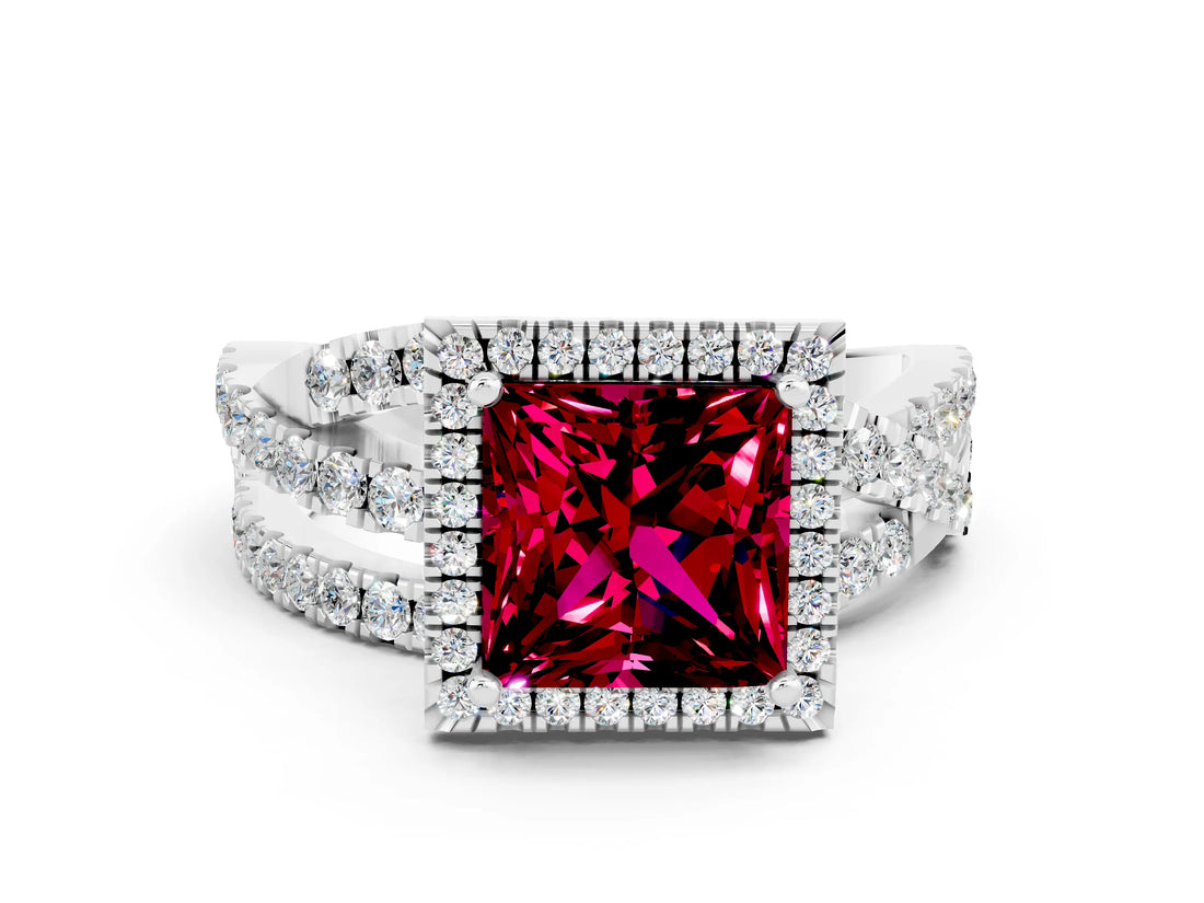 Silver Princess Cut Garnet Halo Ring with Round Split Shank and Prong Setting_66