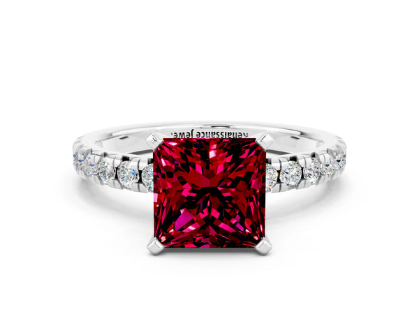 Silver Princess Cut Garnet Solitaire Pavé Engagement Ring with Round Band and Prong Setting