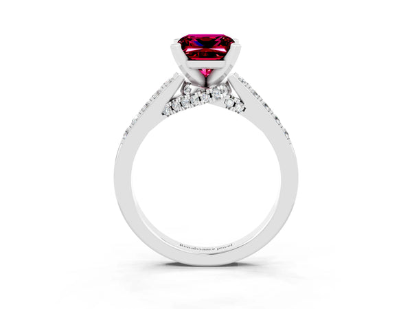 Silver Princess Cut Garnet Solitaire Ring with Crossover Gallery and Round  Pavé Band