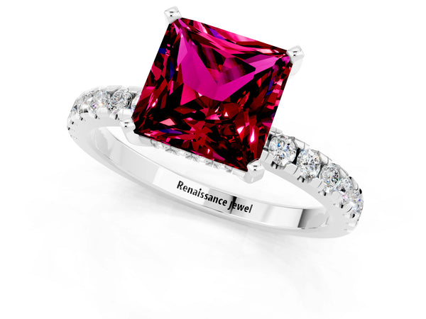Silver Princess Cut Garnet Solitaire Ring with Round Pavé Band and Four-Prong Setting