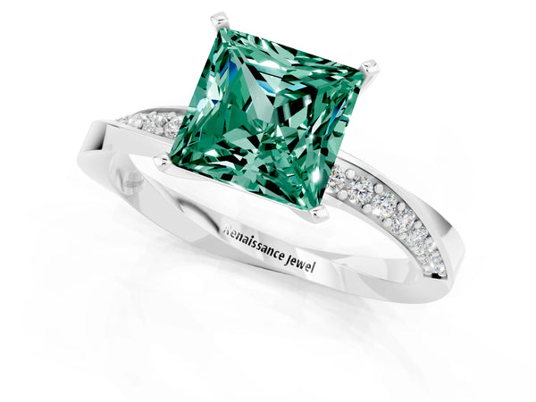 Silver Princess Cut Green Sapphire Engagement Ring with Side Stone Accents and Four-Prong Setting