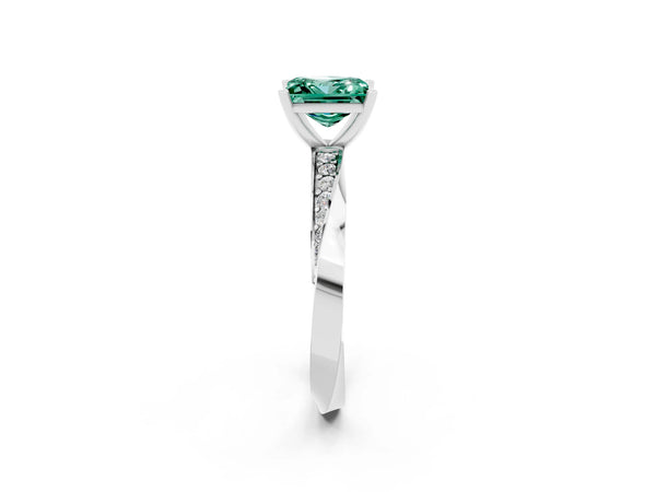 Silver Princess Cut Green Sapphire Engagement Ring with Side Stone Accents and Four-Prong Setting