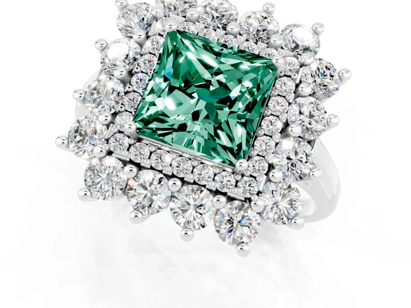 Silver Princess Cut Green Sapphire Floral Double Halo Engagement Ring with Prong Setting