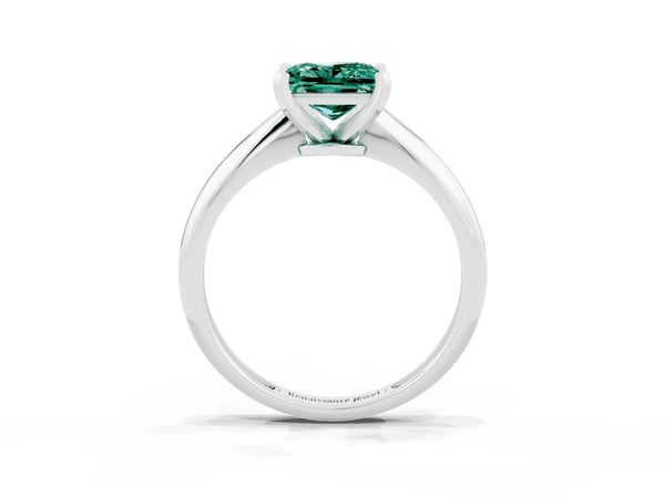 Silver Princess Cut Green Sapphire Solitaire Engagement Ring with Classic Band and Four-Prong Setting