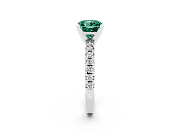Silver Princess Cut Green Sapphire Solitaire Pavé Engagement Ring with Round Band and Prong Setting