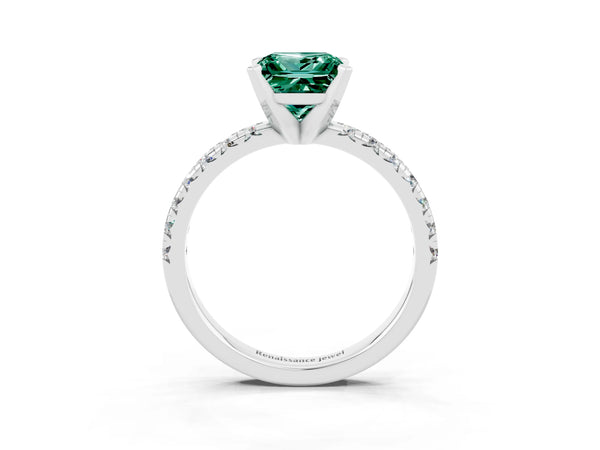 Silver Princess Cut Green Sapphire Solitaire Pavé Engagement Ring with Round Band and Prong Setting
