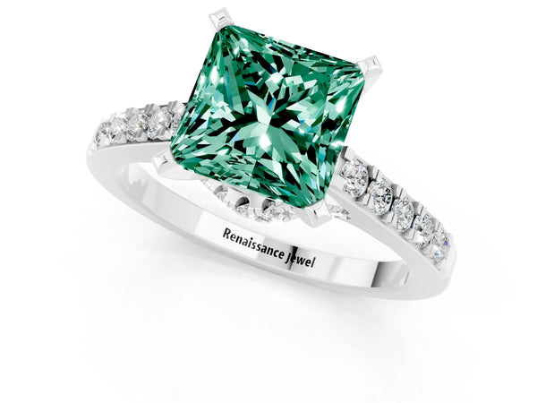Silver Princess Cut Green Sapphire Solitaire Ring with Crossover Gallery and Round  Pavé Band
