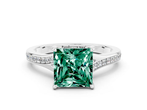 Silver Princess Cut Green Sapphire Solitaire Ring with Pavé Band and Prong Setting_12