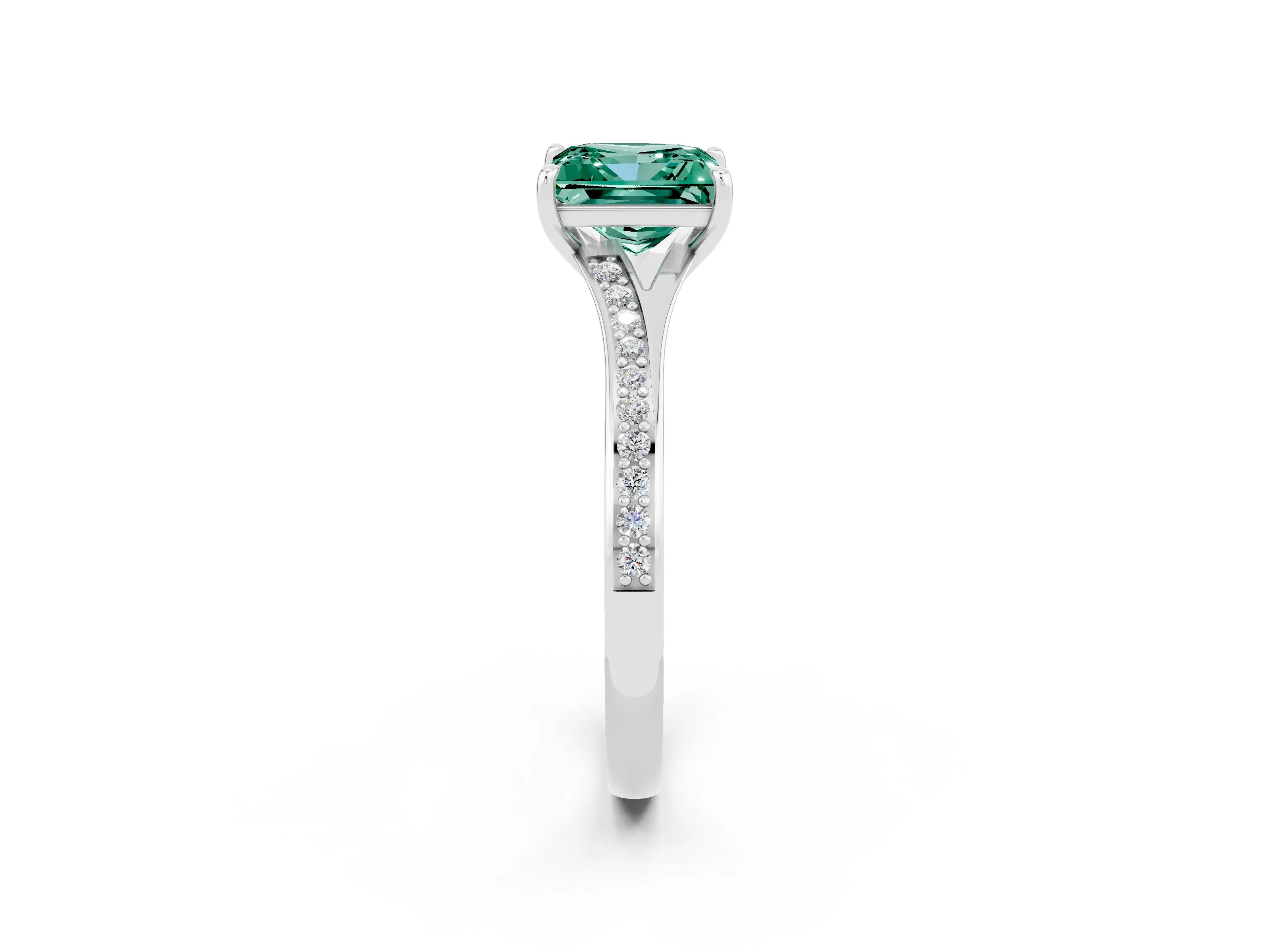 Silver Princess Cut Green Sapphire Solitaire Ring with Pavé Band and Prong Setting_14