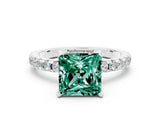 Silver Princess Cut Green Sapphire Solitaire Ring with Round  Pavé Band and Four-Prong Setting_36