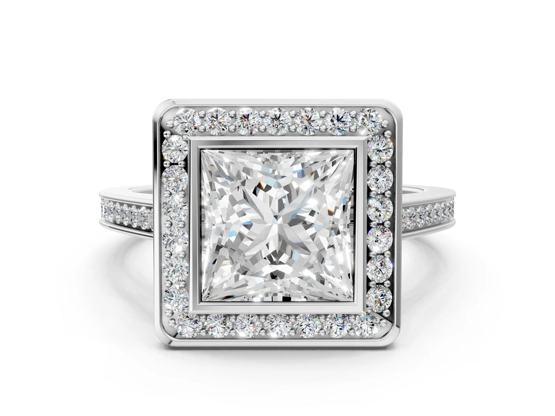 Silver Princess Cut Halo Bezel Diamond Pave Band Ring_13
