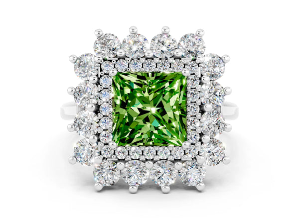 Silver Princess Cut Peridot Floral Double Halo Engagement Ring with Prong Setting