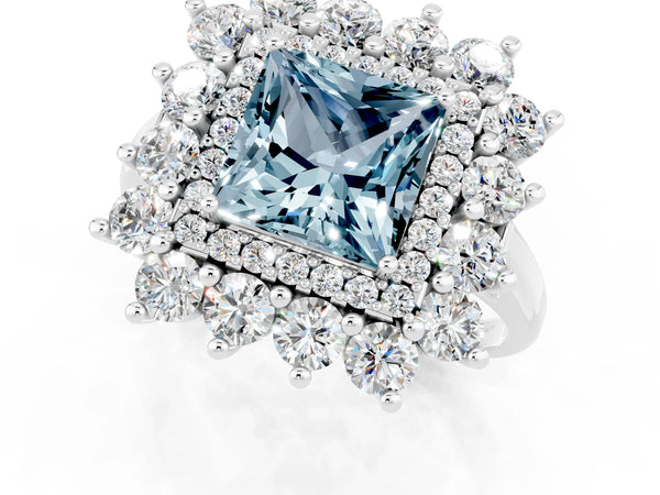 Silver Princess Cut Aquamarine Floral Double Halo Engagement Ring with Prong Setting