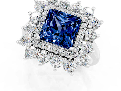 Silver Princess Cut Halo Cluster Diamond Ring with Pave Band and Four-Prong Setting_19