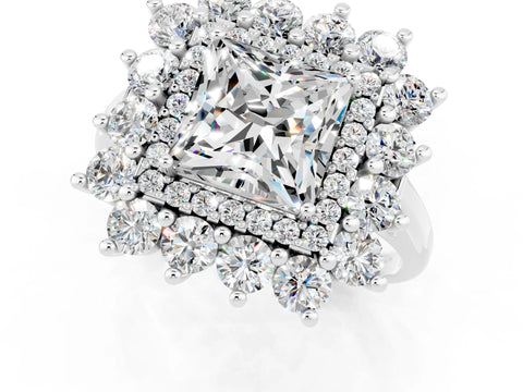 Silver Princess Cut Halo Cluster Diamond Ring with Pave Band and Four-Prong Setting_19