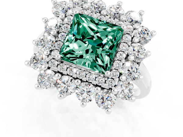 Silver Princess Cut Green Sapphire Floral Double Halo Engagement Ring with Prong Setting