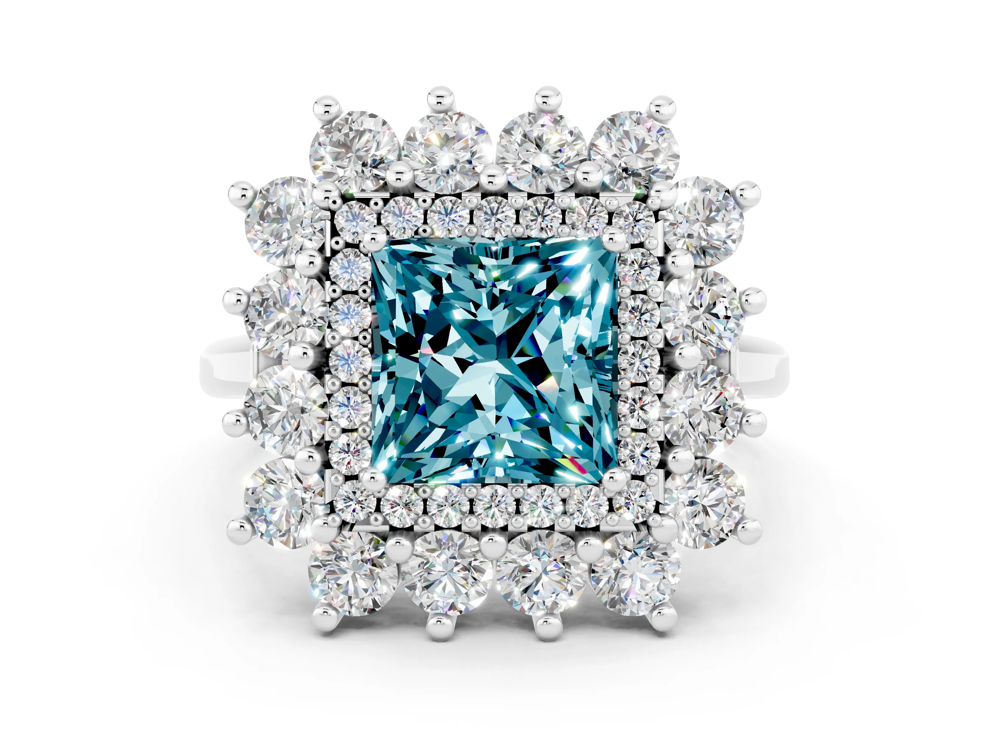 Silver Princess Cut Halo Cluster Diamond Ring with Pave Band and Four-Prong Setting_6