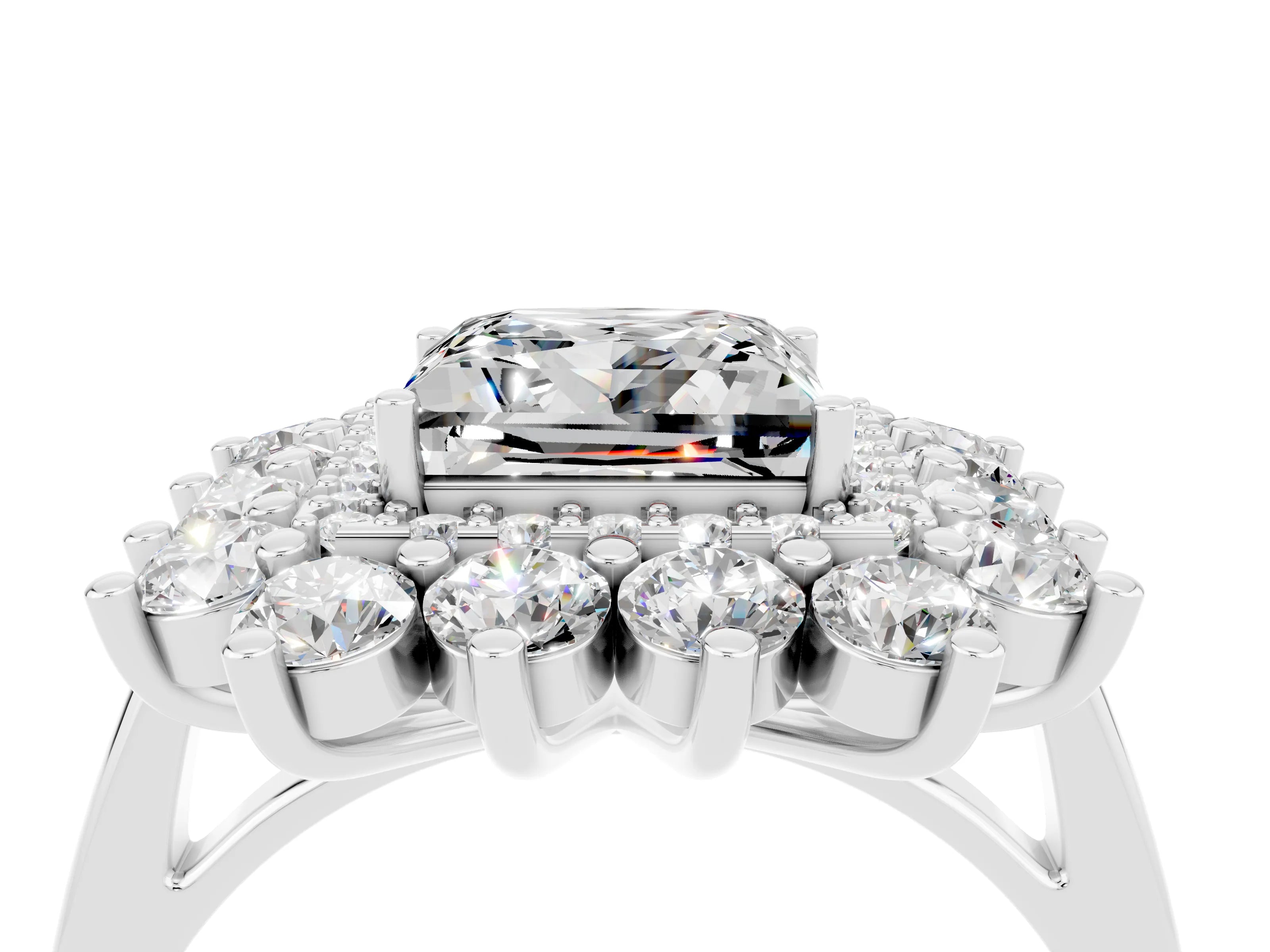 Silver Princess Cut Halo Cluster Diamond Ring with Pave Band and Four-Prong Setting_66