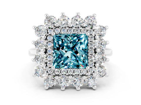 Silver Princess Cut Halo Cluster Diamond Ring with Pave Band and Four-Prong Setting_6