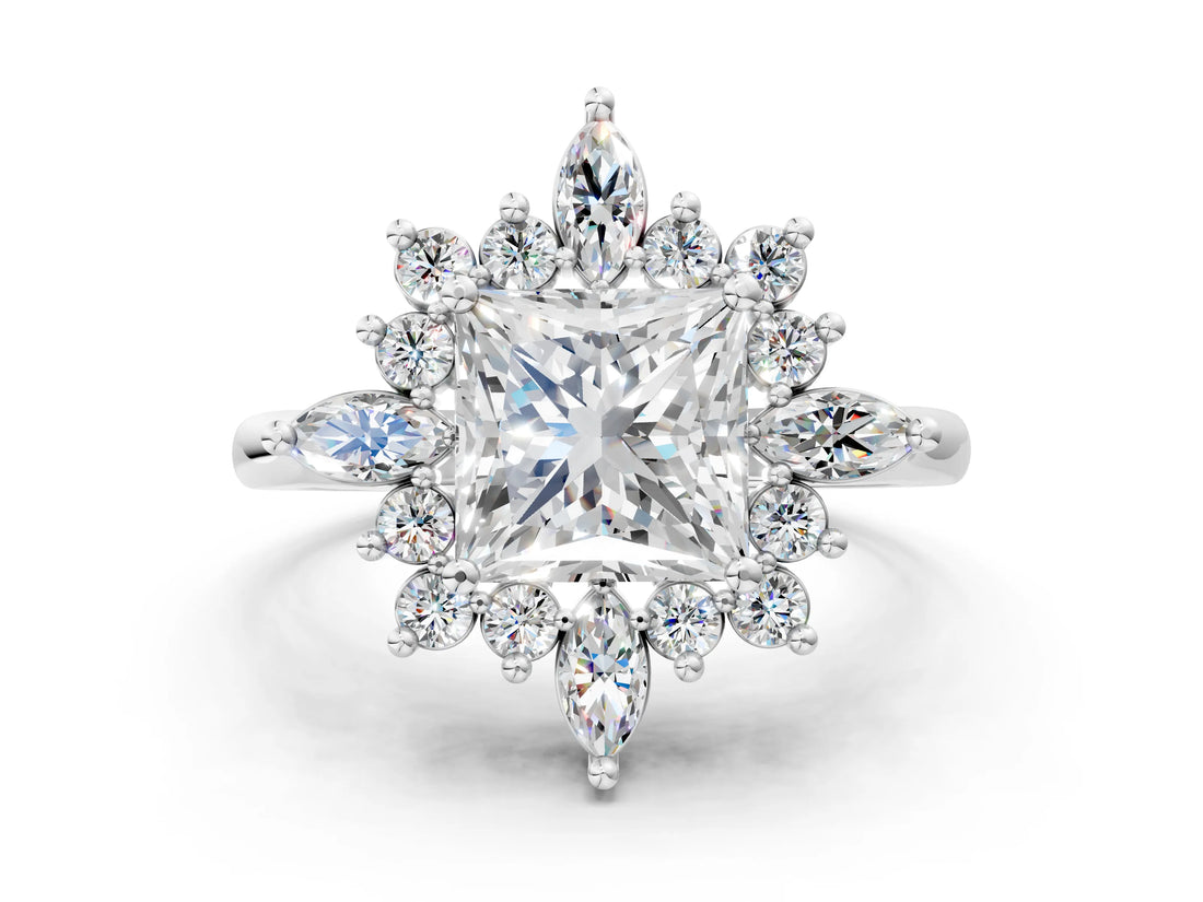 Silver Princess Cut Halo Diamond Cluster Ring with Marquise and Round Stones on a White Gold Band with Prong Setting_13