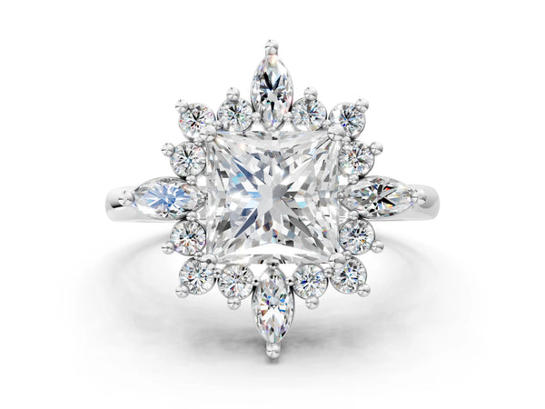 Silver Princess Cut Starburst Halo Engagement Ring Setting with Marquise and Round Accents