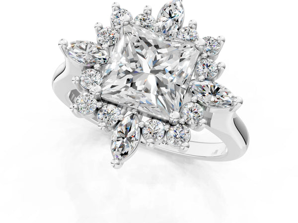 Silver Princess Cut Starburst Halo Engagement Ring Setting with Marquise and Round Accents