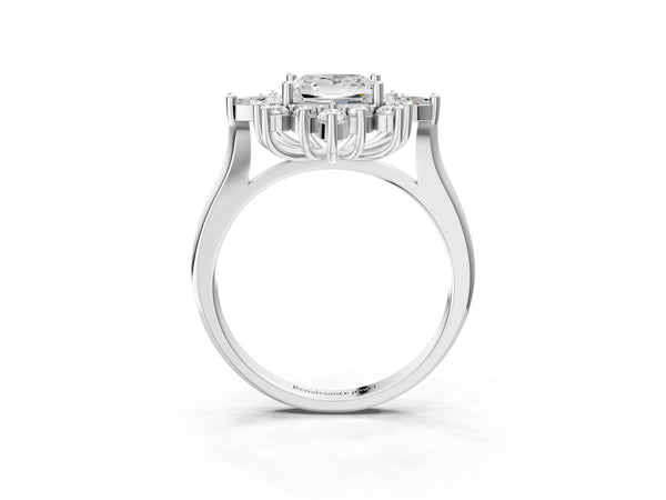 Silver Princess Cut Starburst Halo Engagement Ring Setting with Marquise and Round Accents