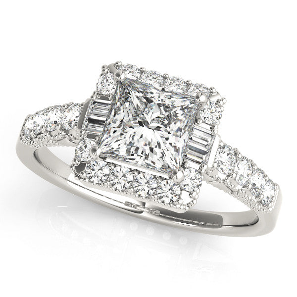 Silver Princess Cut Halo Diamond Engagement Ring with Pavé Band and Four-Prong Setting 2