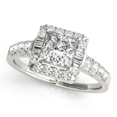 Silver Princess Cut Halo Diamond Engagement Ring with Pavé Band and Four-Prong Setting 2