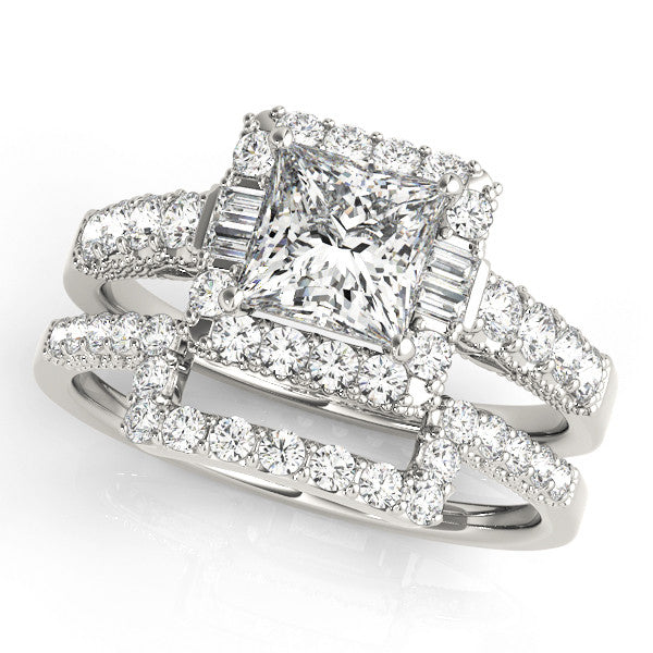 Silver Princess Cut Halo Diamond Engagement Ring with Pavé Band and Four-Prong Setting
