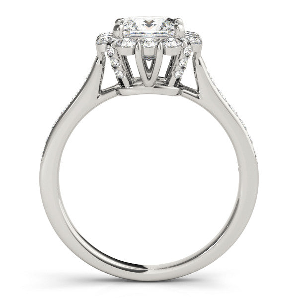White gold Princess Cut Diamond Floral Halo Engagement Ring with Pavé Band and Four-Prong Setting