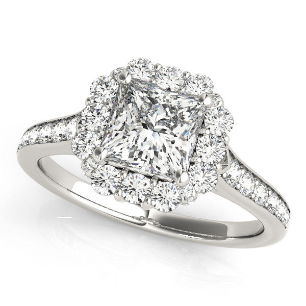 White gold Princess Cut Diamond Floral Halo Engagement Ring with Pavé Band and Four-Prong Setting