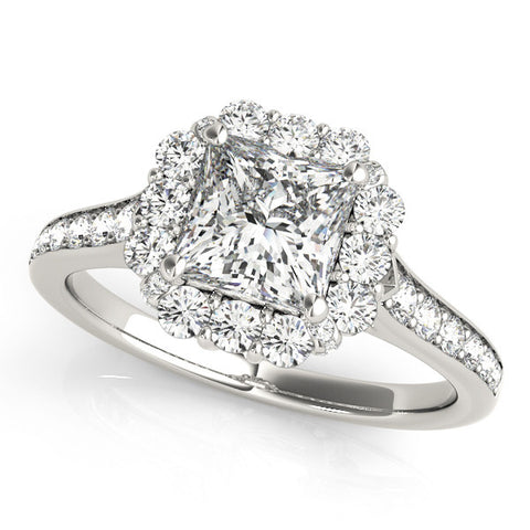 Silver Princess Cut Halo Diamond Engagement Ring with Pave Band and Four-Prong Setting 2