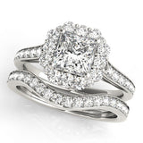 Silver Princess Cut Halo Diamond Engagement Ring with Pave Band and Four-Prong Setting