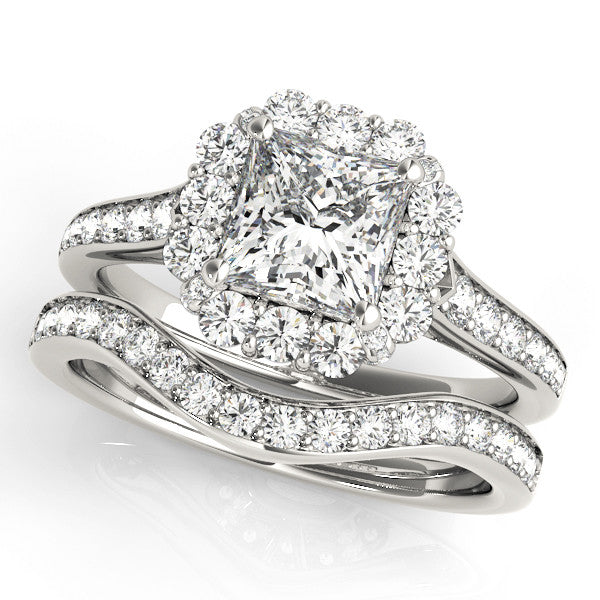 White gold Princess Cut Diamond Floral Halo Engagement Ring with Pavé Band and Four-Prong Setting