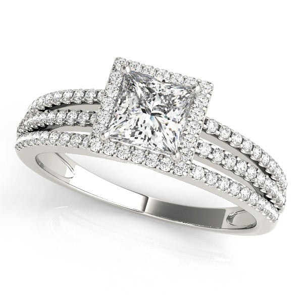 Silver 1.06 Carat E VS1 Princess Cut Halo Diamond Engagement Ring with Split Shank and Four-Prong Setting