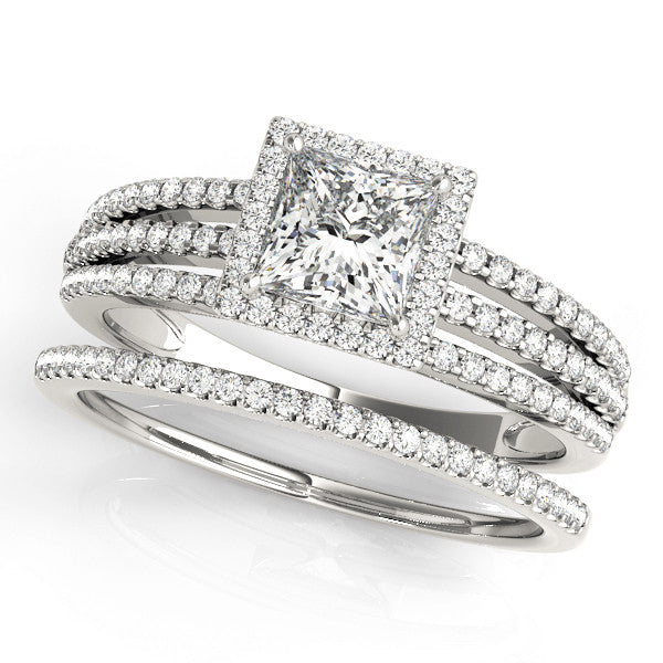 Silver 1.10 Carat D VVS2 Princess Cut Halo Diamond Engagement Ring with Split Shank and Four-Prong Setting