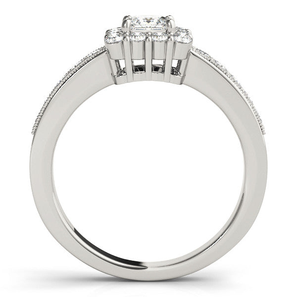 White gold Emerald Cut Cut Halo Diamond Pavé Engagement Ring with Milgrain Detailing