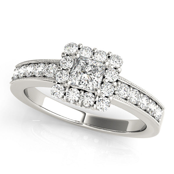Silver Princess Cut Halo Diamond Pavé Engagement Ring with Milgrain Detailing 2