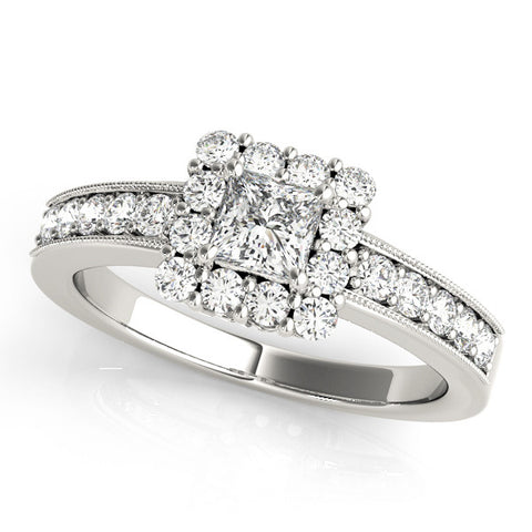 Silver Princess Cut Halo Diamond Pavé Engagement Ring with Milgrain Detailing 2