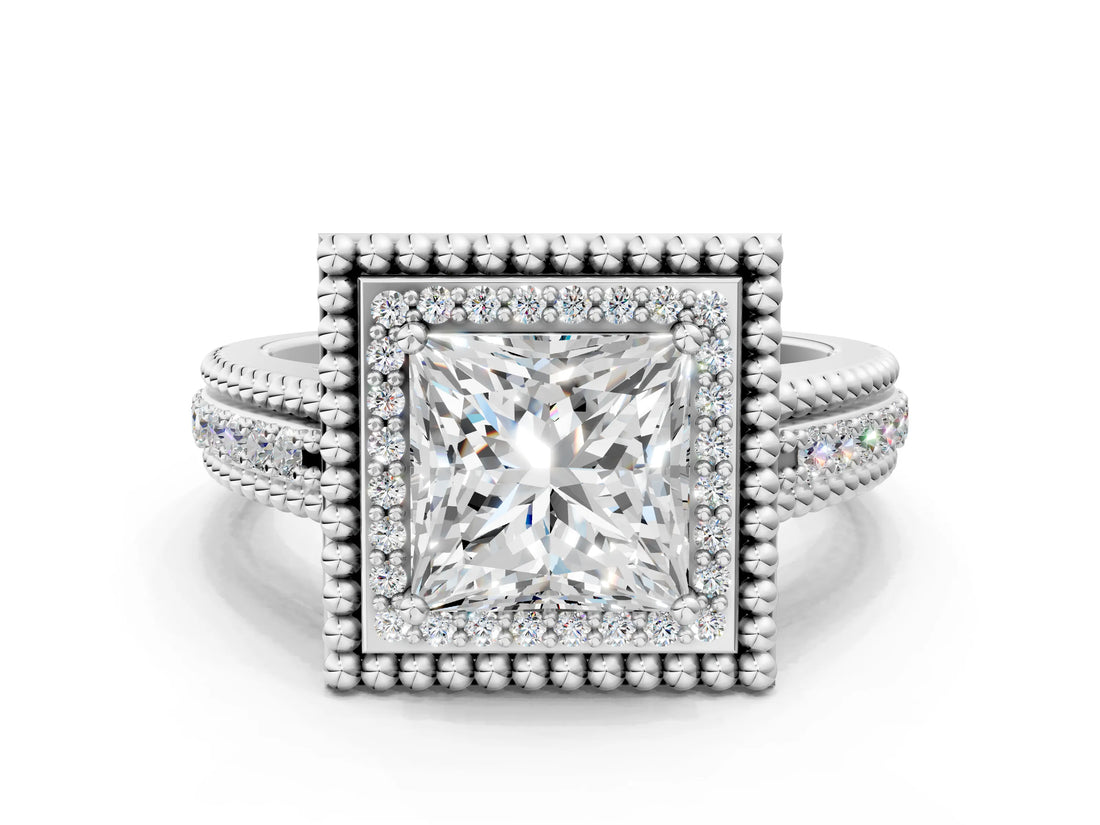 Silver Princess Cut Halo Diamond Ring with Beaded Split Shank and Four-Prong Setting_13