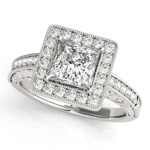 Silver Princess Cut Halo Diamond Ring with Pave Band and Four-Prong Setting 2