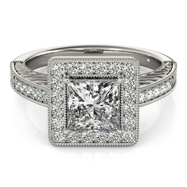 Silver Princess Cut Halo Diamond Ring with Pave Band and Four-Prong Setting