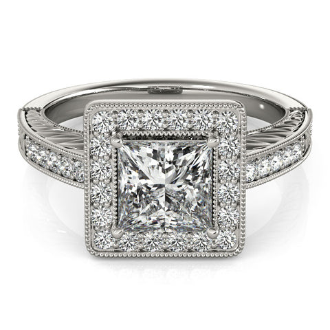 Silver Princess Cut Halo Diamond Ring with Pave Band and Four-Prong Setting