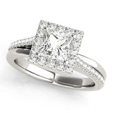Silver Princess Cut Halo Diamond Ring with Split Shank and Four-Prong Setting